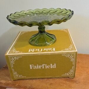 Anchor Hocking Fairfield 10 Inch Green Pedestal Cake Stand Plate Vintage